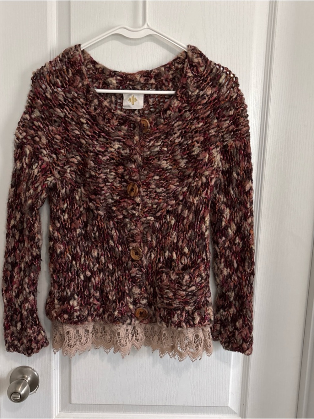 Anthropology HWR Knit Button-Front Sweater with Lace Trim - Brown Multi